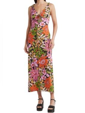 FARM Rio Floral Vivi Rose Linen Blend Midi Dress Size Small NWT